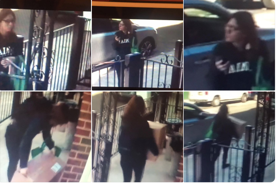 Female suspect clears the coast outside residents home then steals large box straight from doorstep.